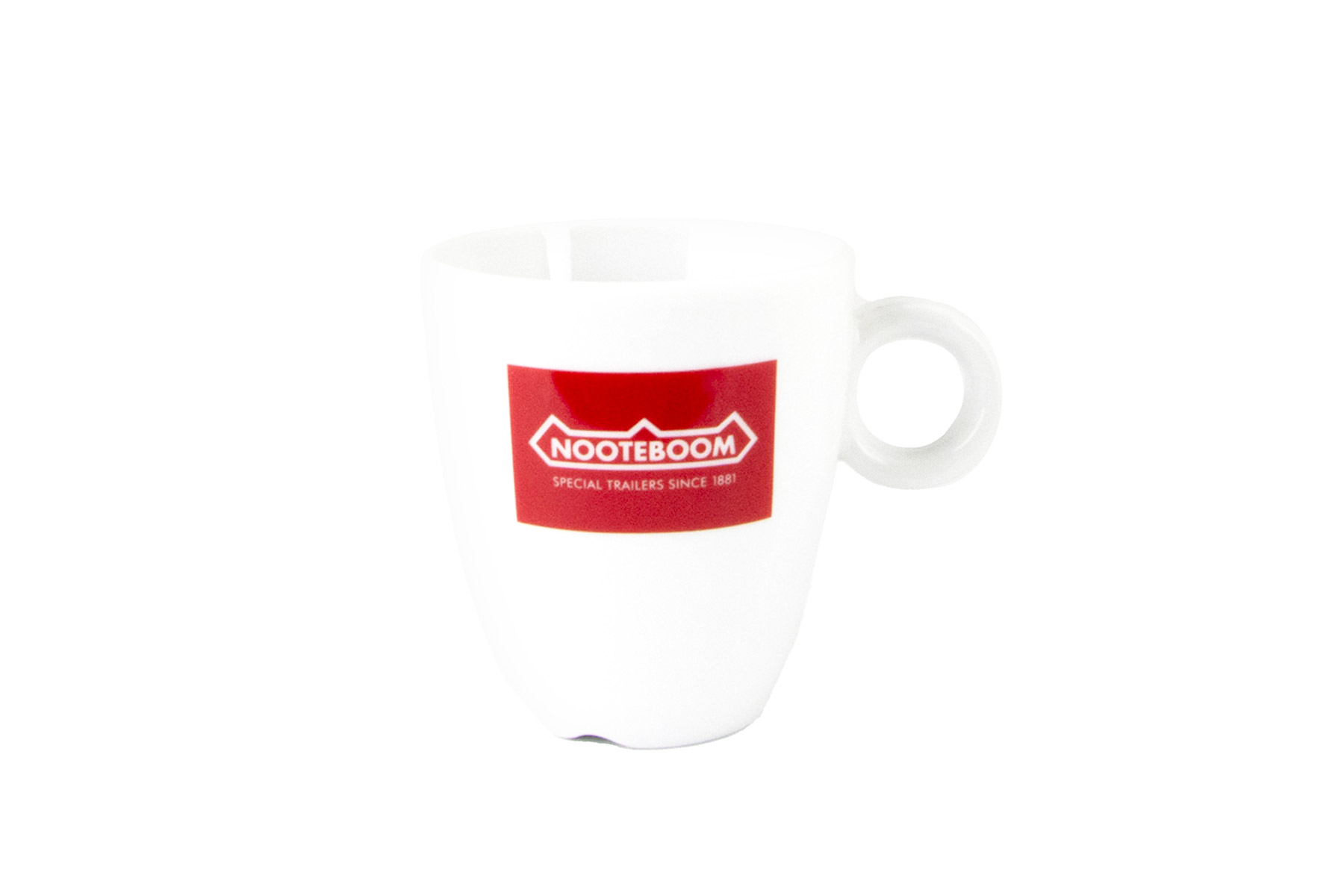 In de naam Leuren Bewijzen koffie kopje type senseo, wit met bedrukking logo Nooteboom in rood -  Nooteboom shop